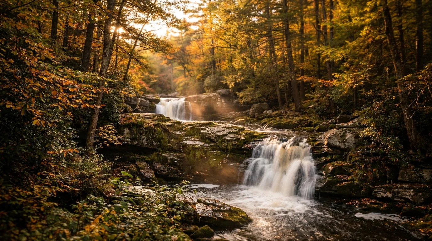 Ricketts Glen State Park Pennsylvania waterfall at golden hou
