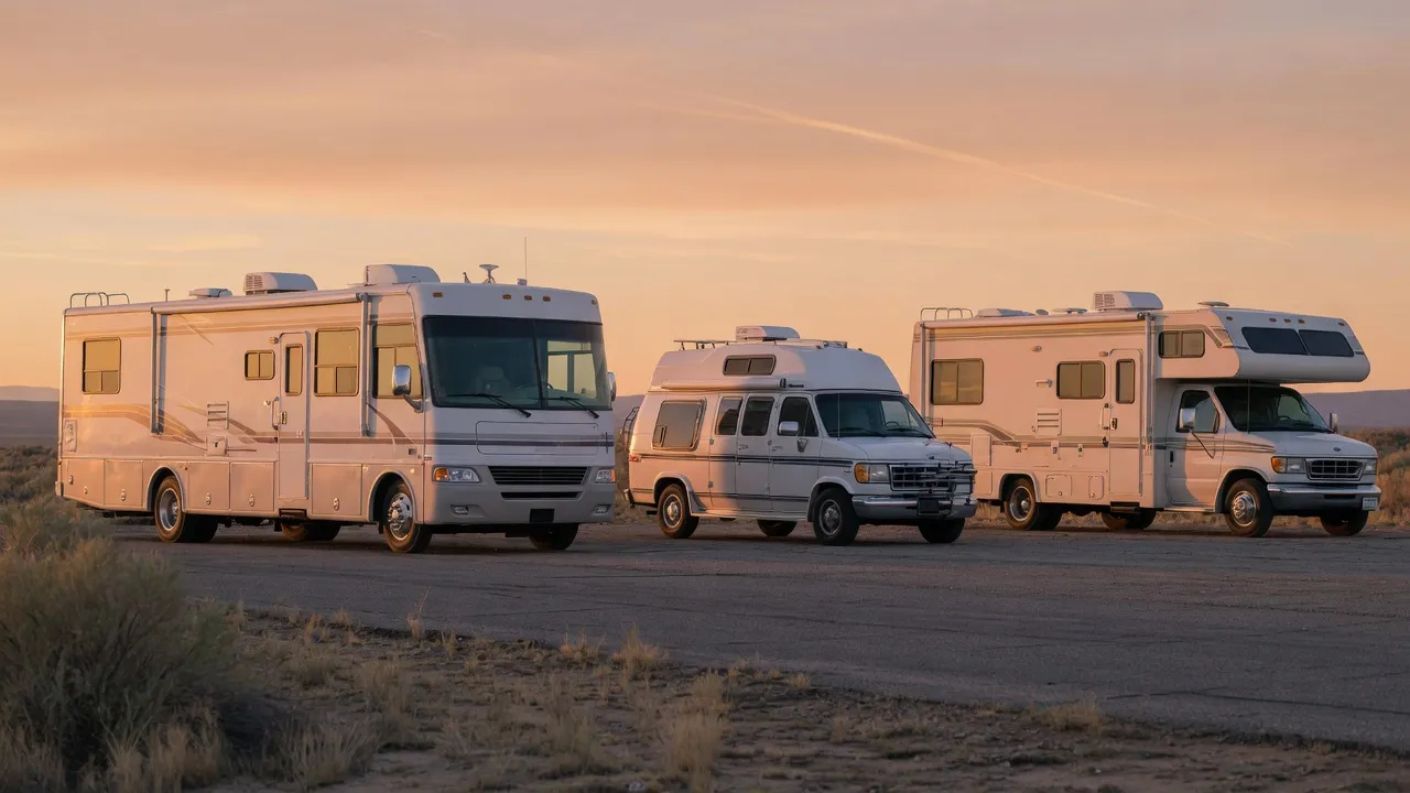 RV classes side-by-side — Class A, B, C, travel trailer, 5th wheel