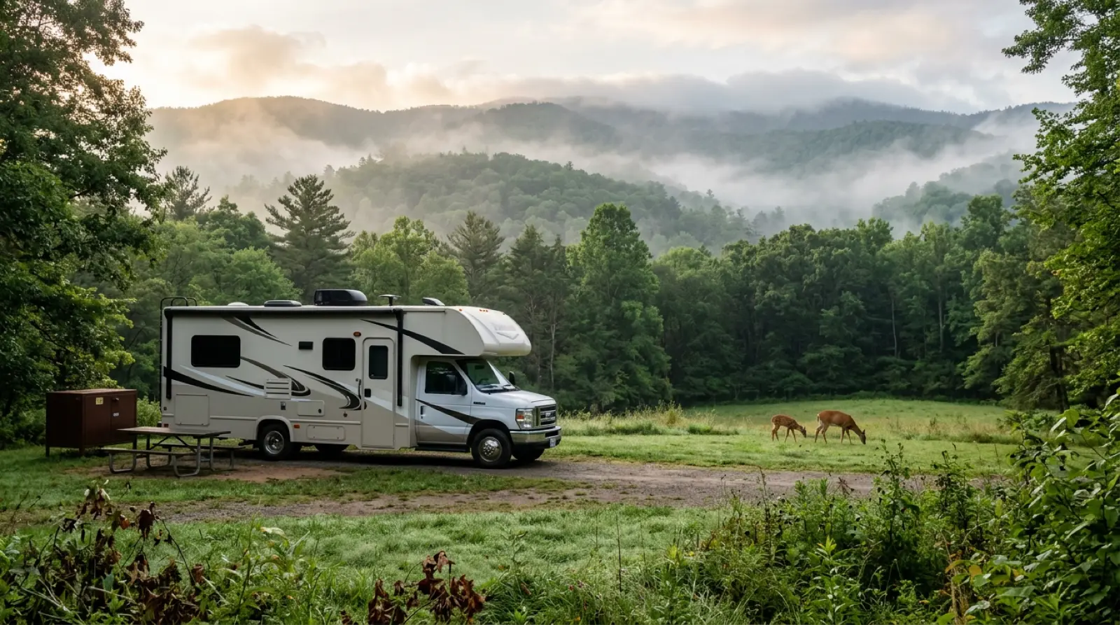 Class C motorhome with bunkhouse interior parked in Smoky Mountain forest