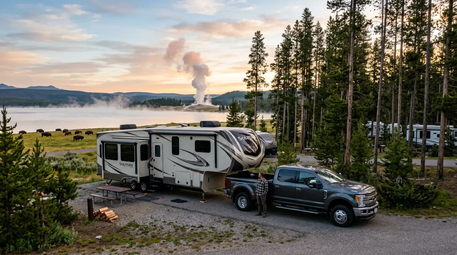 Fifth-wheel travel trailer parked near a Yellowstone overlook