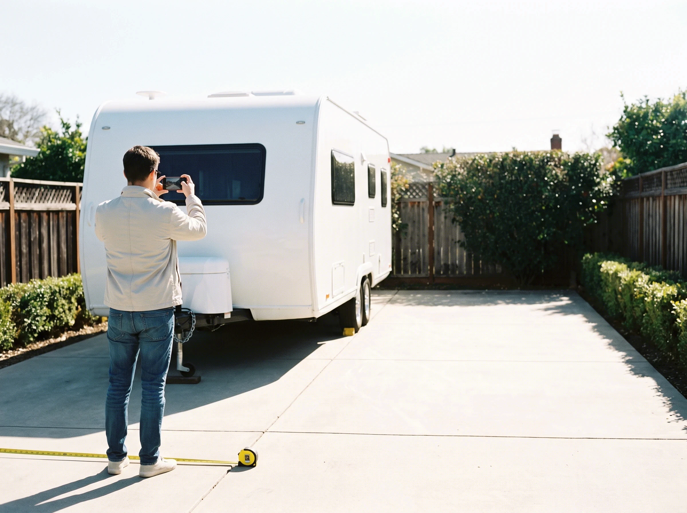 A person photographing a clean white travel trailer from behind, a tape measure on the pad