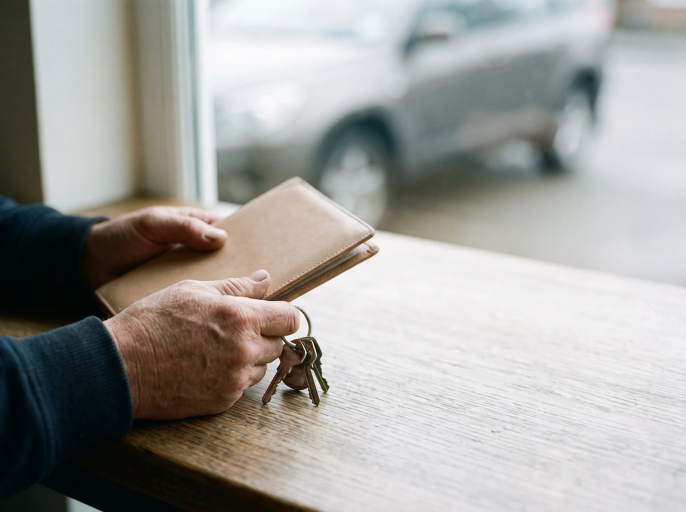 Hands holding a leather folder and a set of keys at a table, a car outside