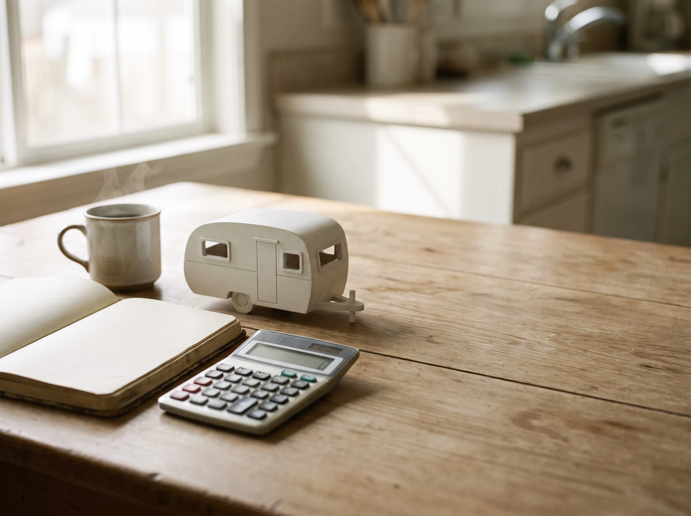 A kitchen table with a notebook, a calculator, a small white trailer model and a steaming mug