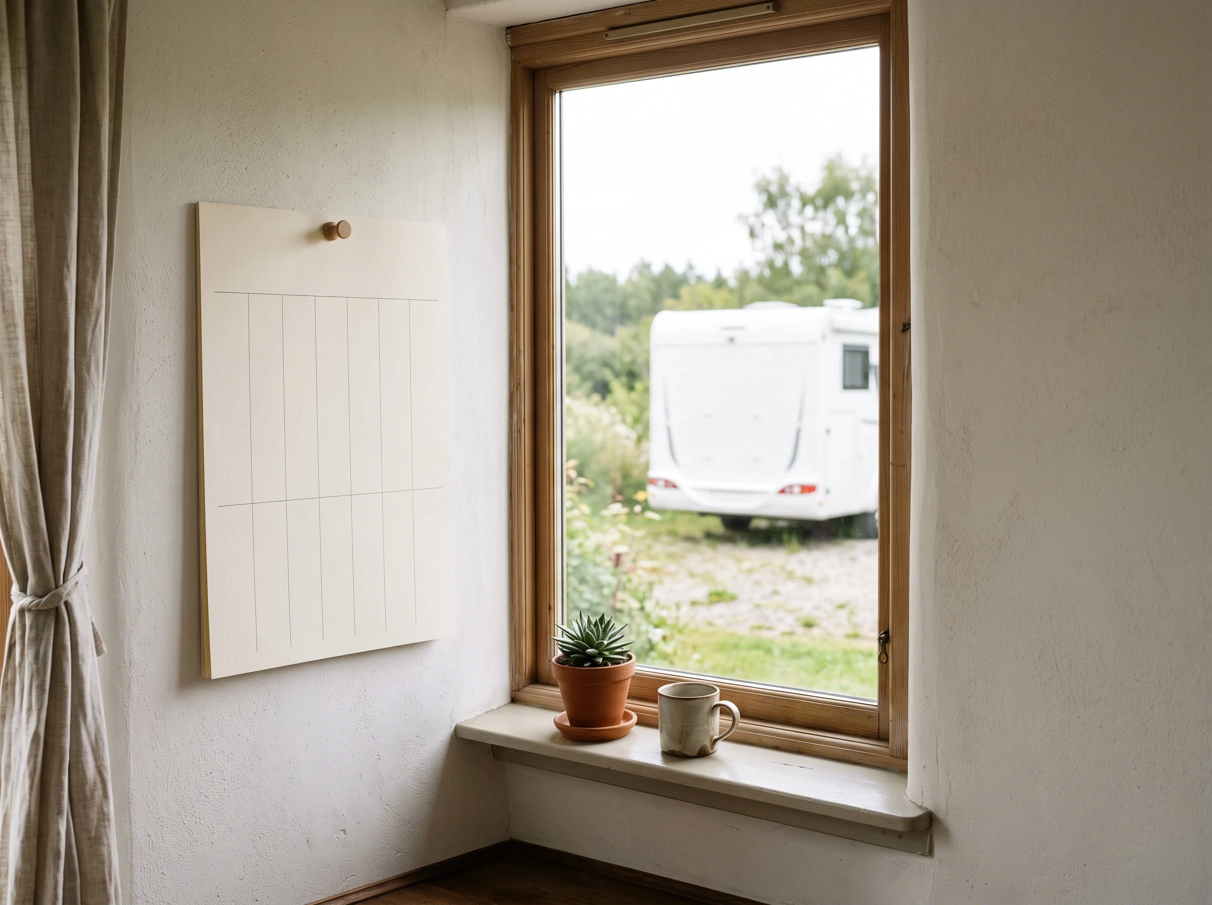 A paper calendar grid with a pin in it, a white motorhome outside the window