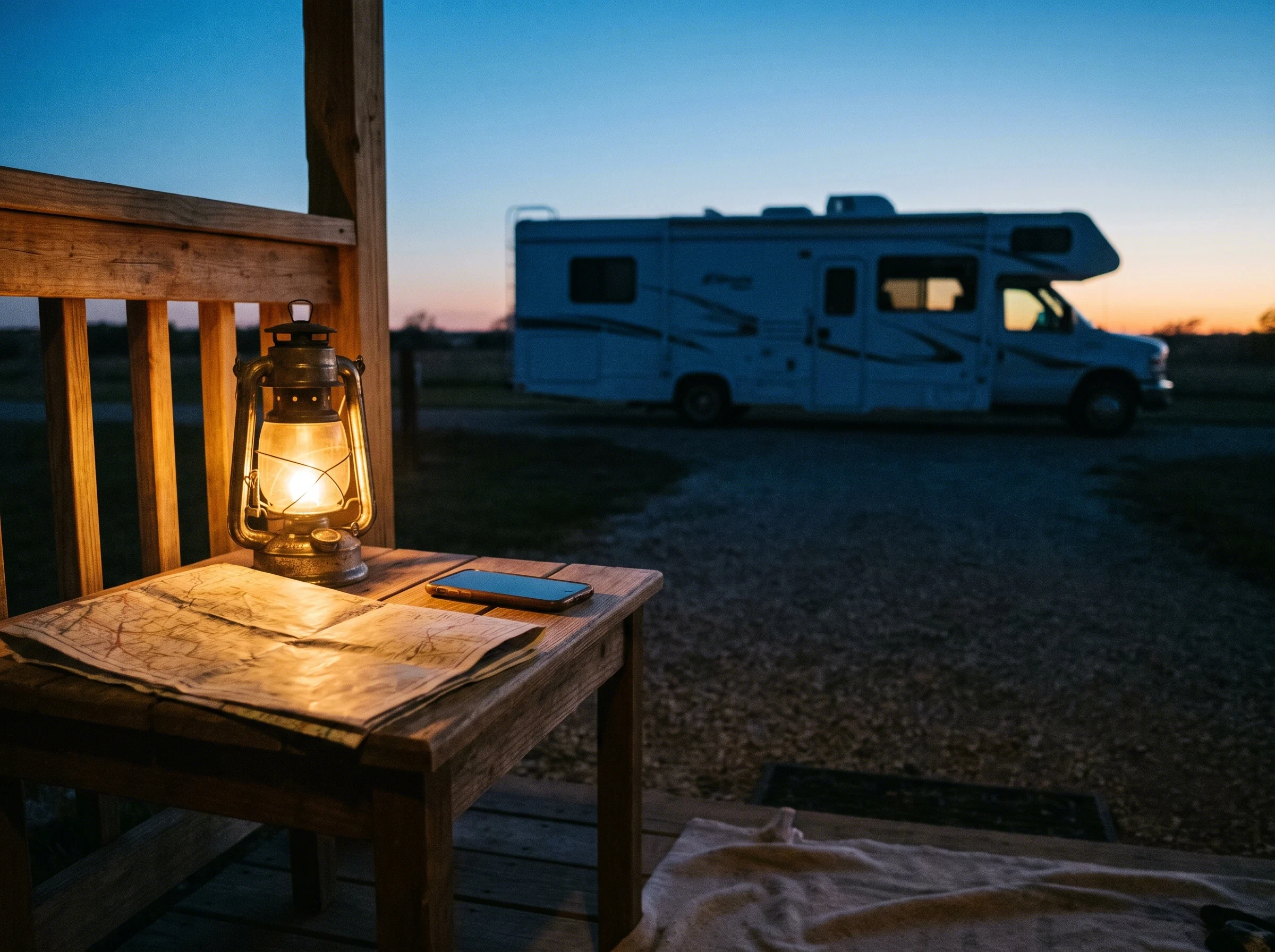 A porch at dusk with a lantern, a map and a phone face-down, a Class C in the drive