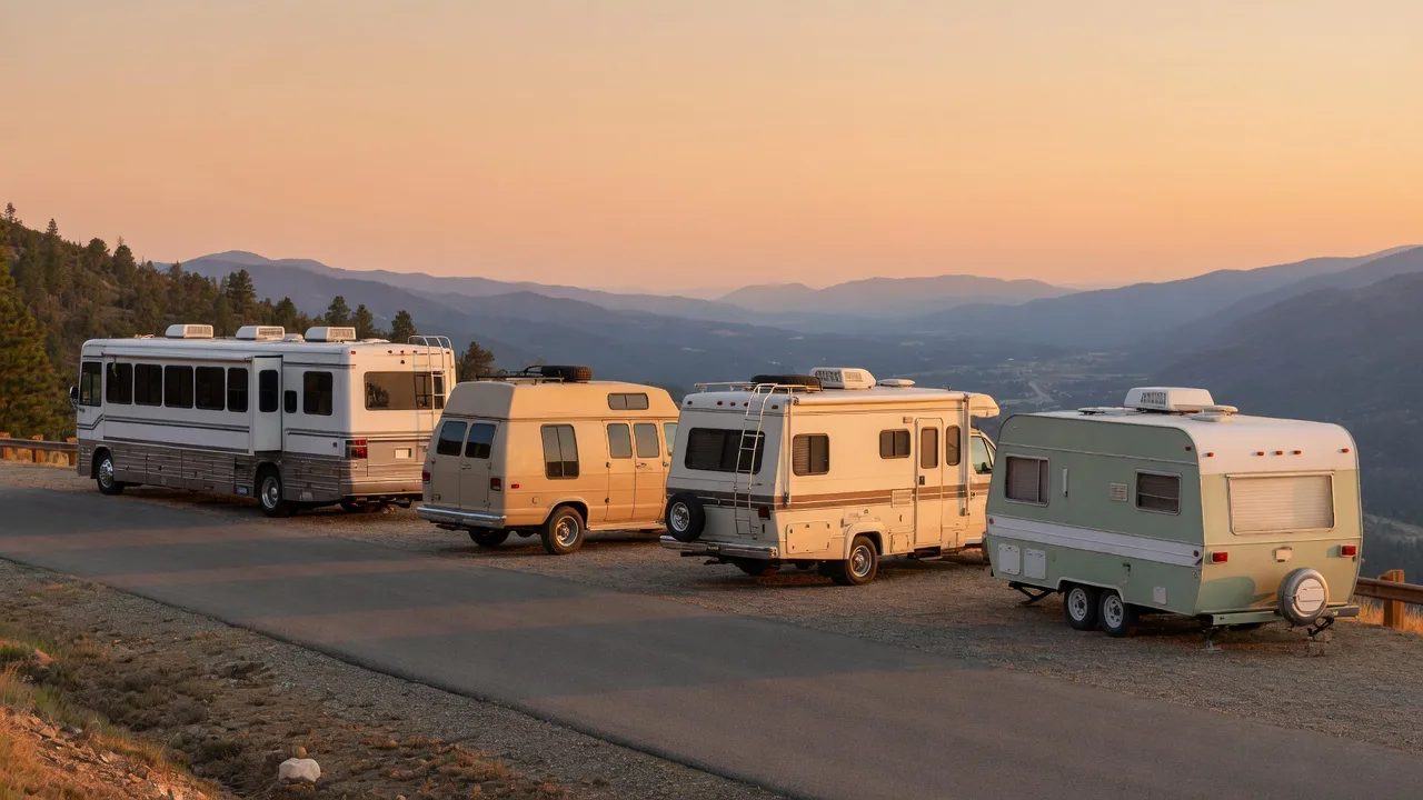 A lineup of RV classes — from a compact campervan to a full-length Class A coach