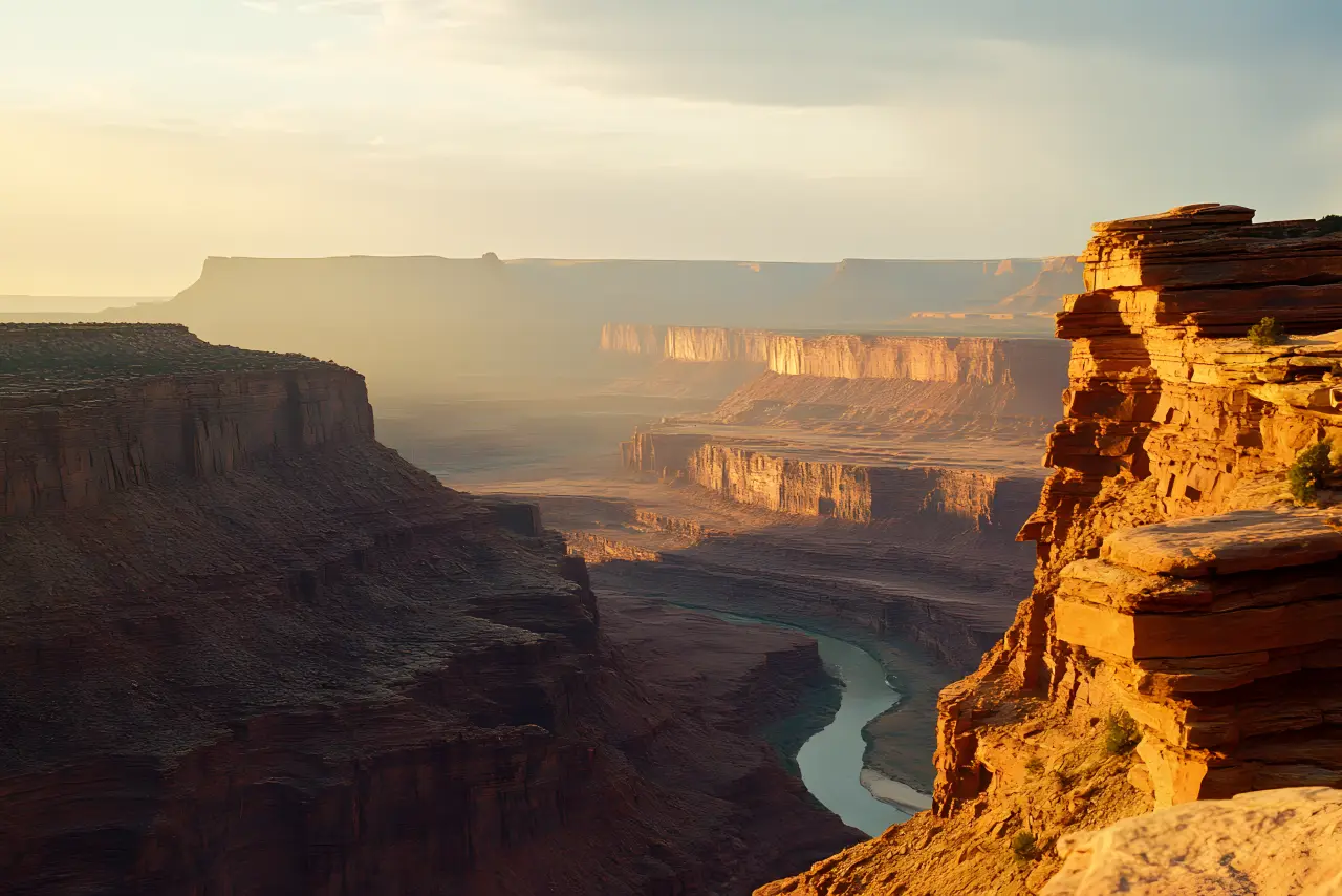 Canyon rim at golden hour with the river catching the light below — PickRV editorial