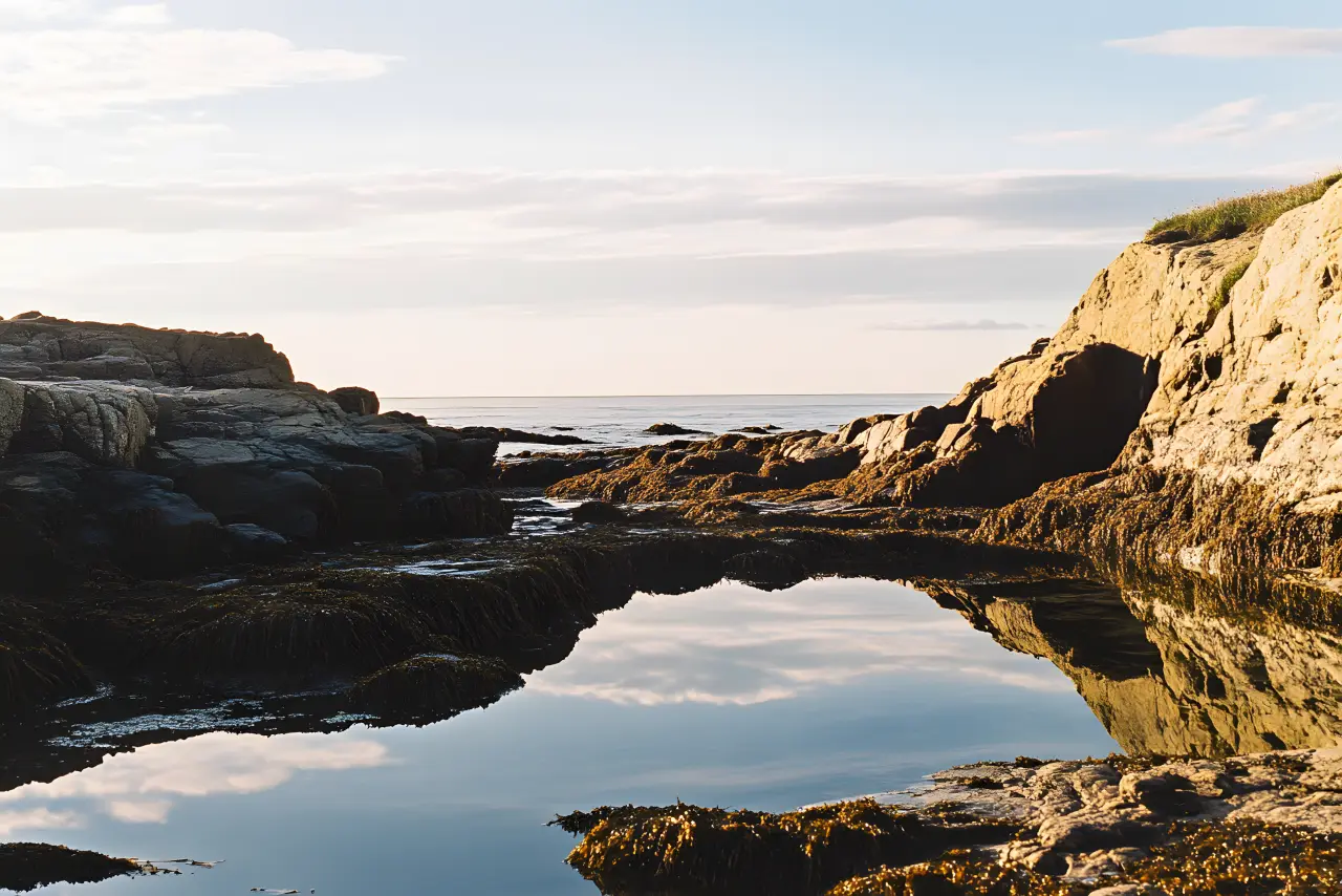Tide pool holding a mirror of New England sky between weathered rocks — PickRV editorial