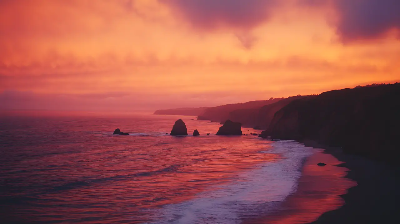 Pacific sea stacks silhouetted by a low sunset — PickRV editorial