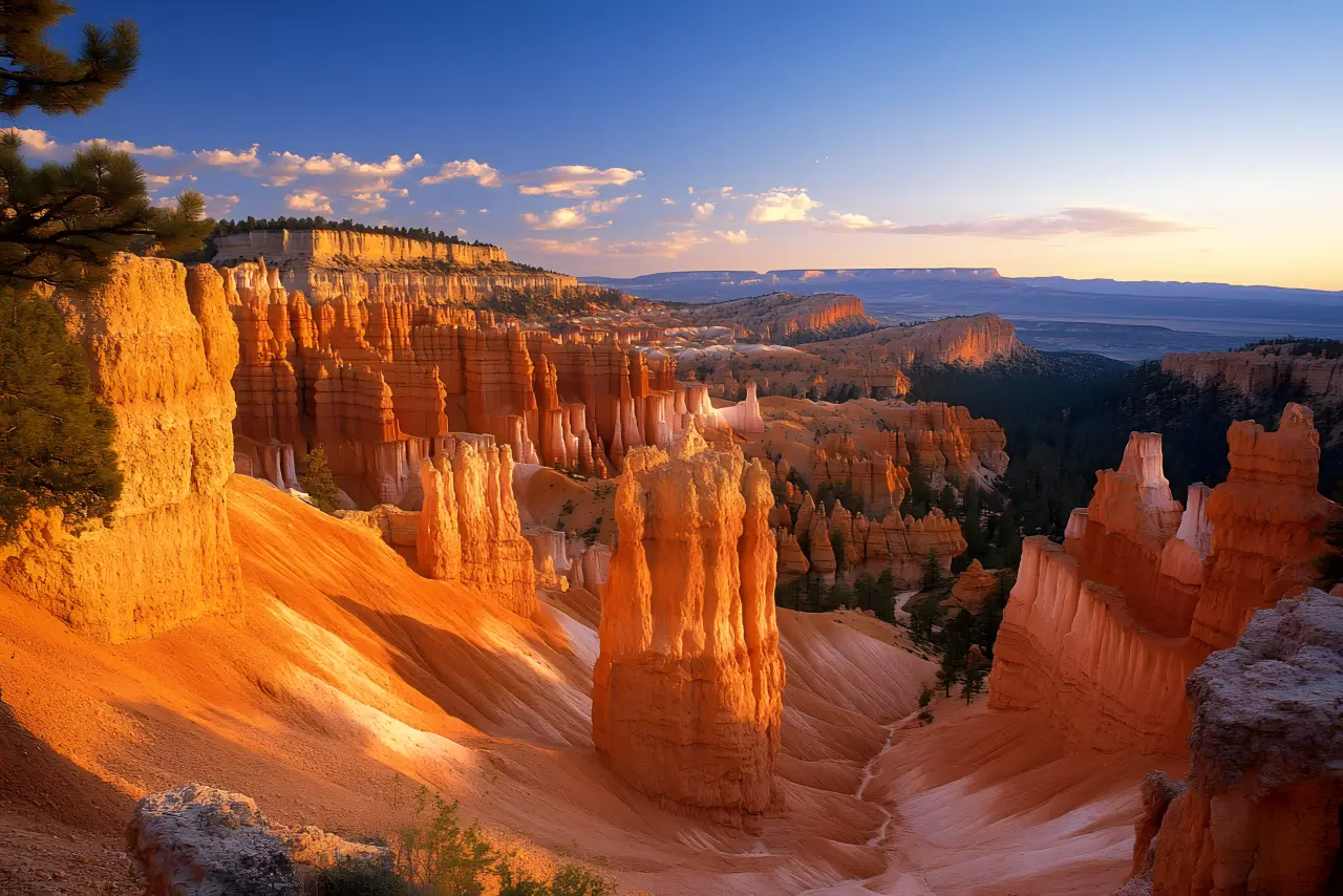 Backlit hoodoo spires in warm late-day amber — PickRV editorial