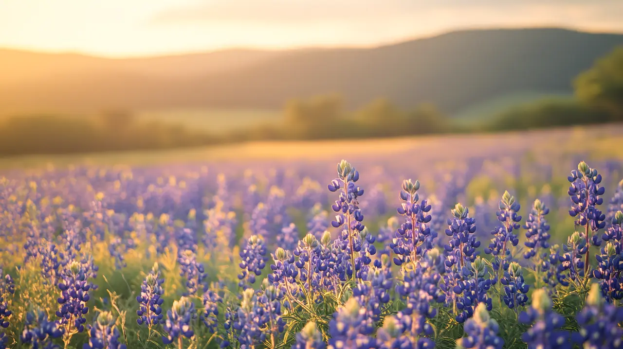 Bluebonnets stretching to a misty cream sunrise — PickRV editorial
