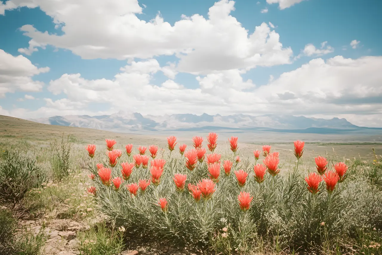 Coral paintbrush blooms scattered across high desert — PickRV editorial