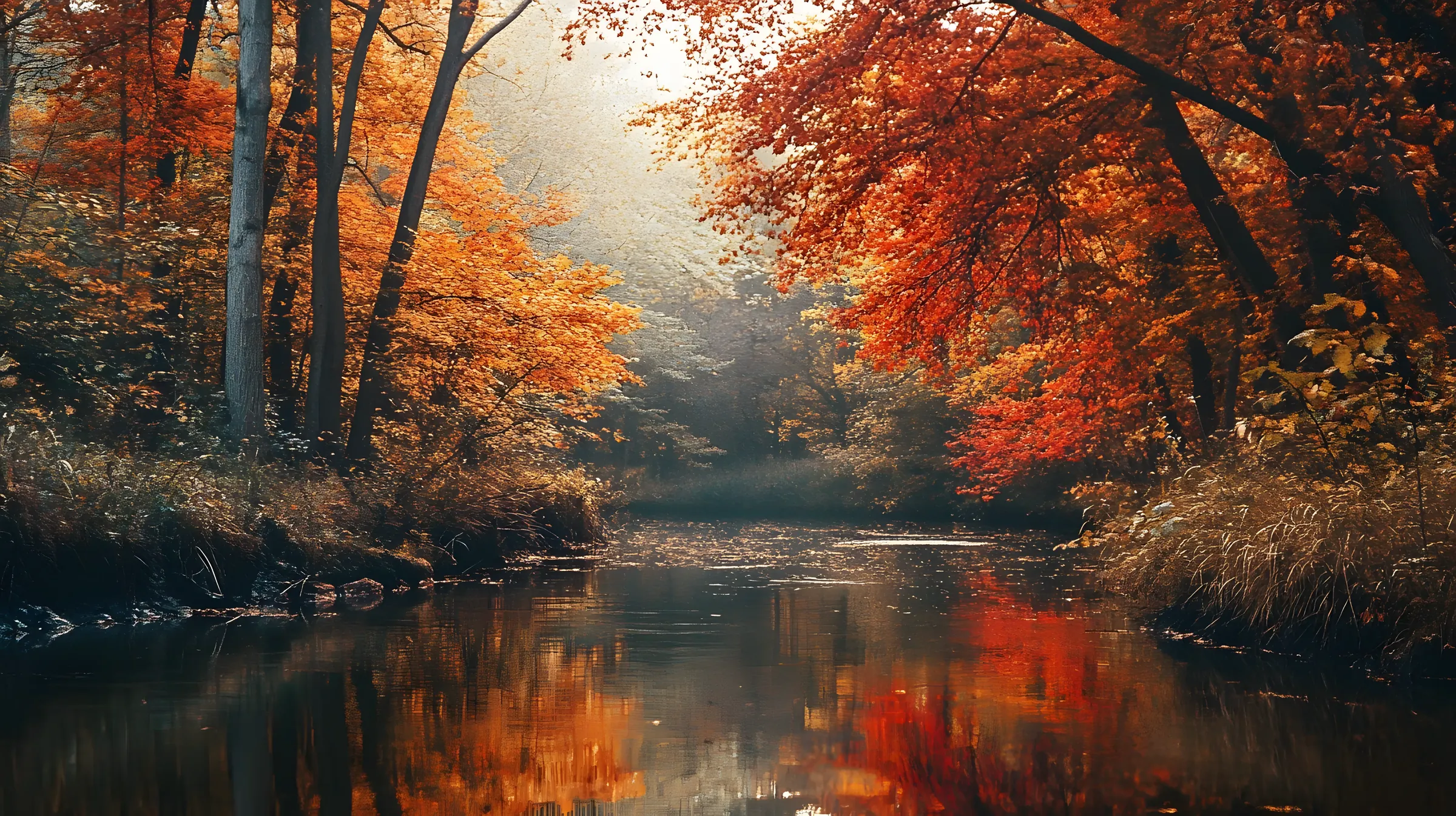 River reflecting a bank of red and orange autumn forest