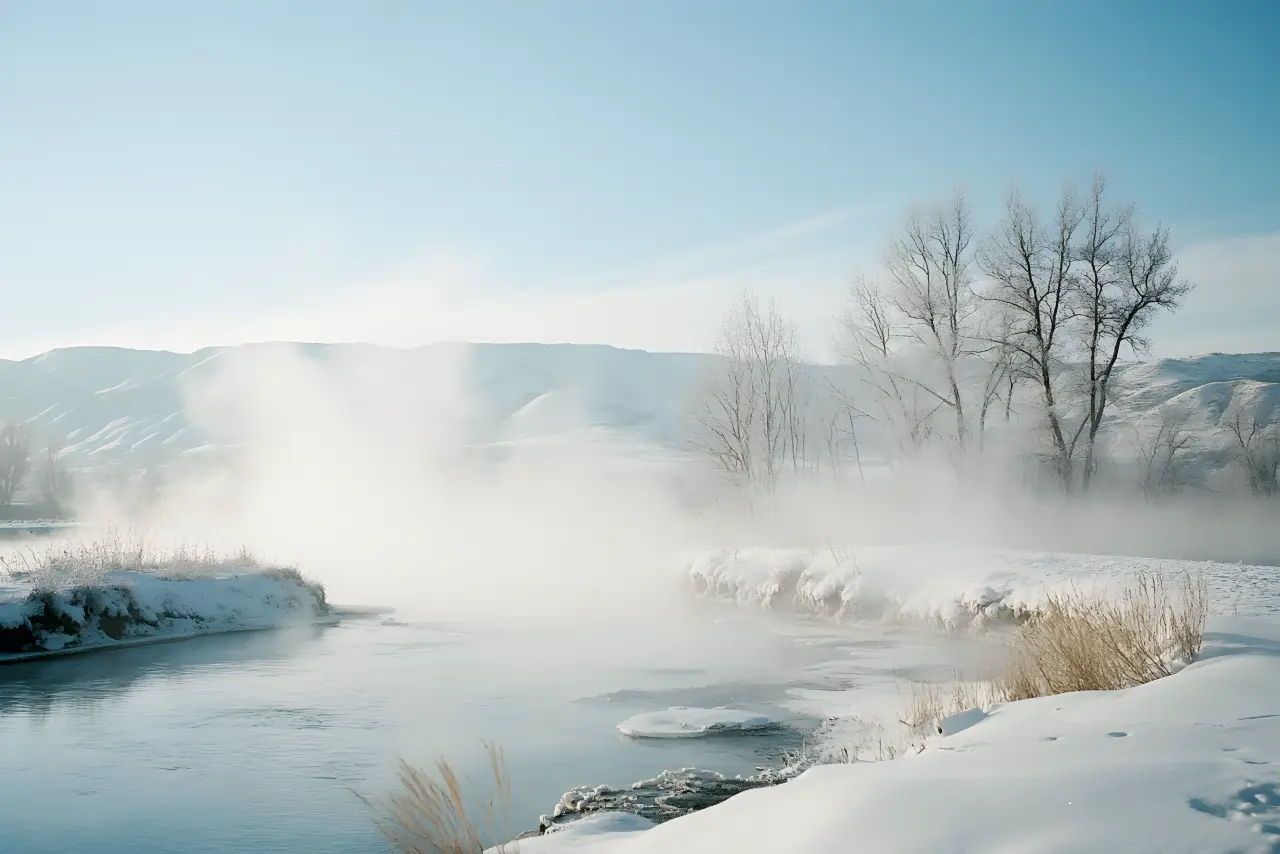 Steam rising from a hot creek between snowy banks — PickRV editorial