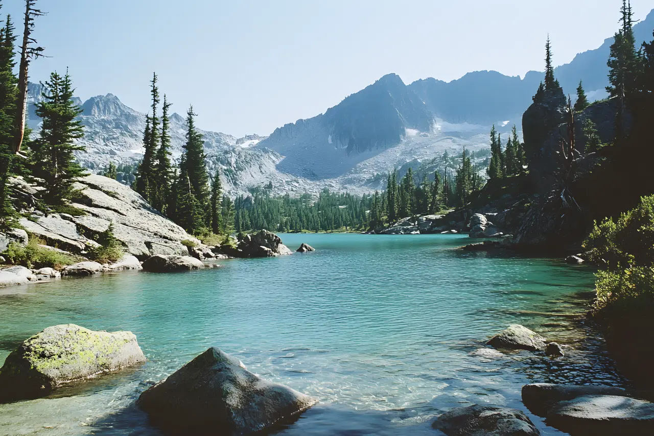 Turquoise alpine lake ringed by evergreens and rugged ridgelines — PickRV editorial