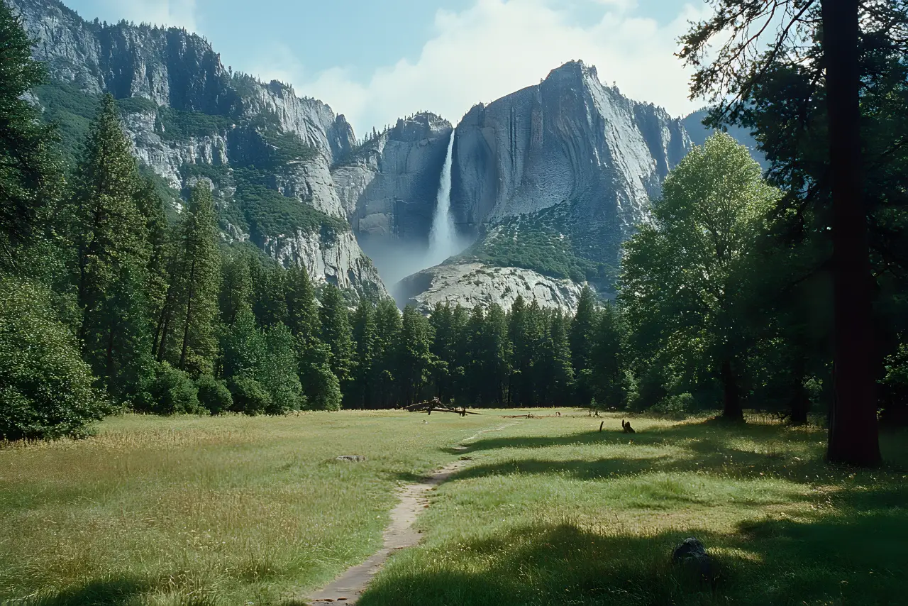 Waterfall dropping past granite to a pastoral meadow