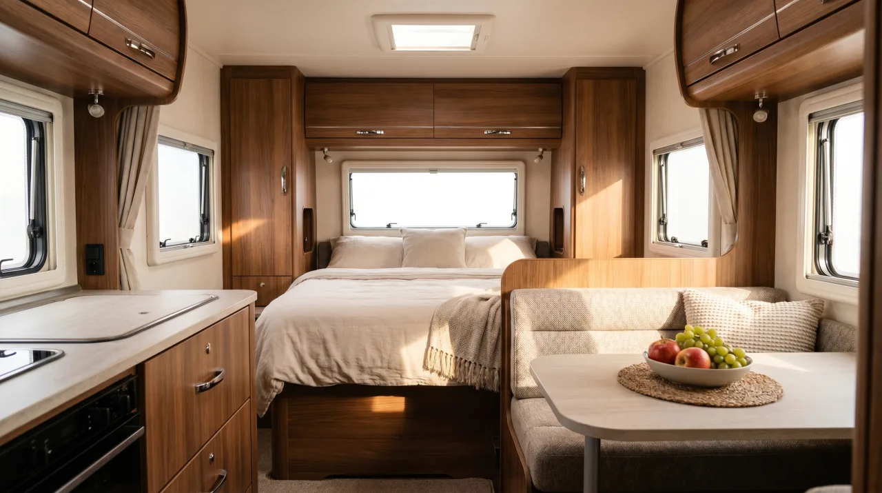 A sunlit motorhome interior with walnut cabinetry, a made bed under the rear window and a dinette laid with a bowl of fruit