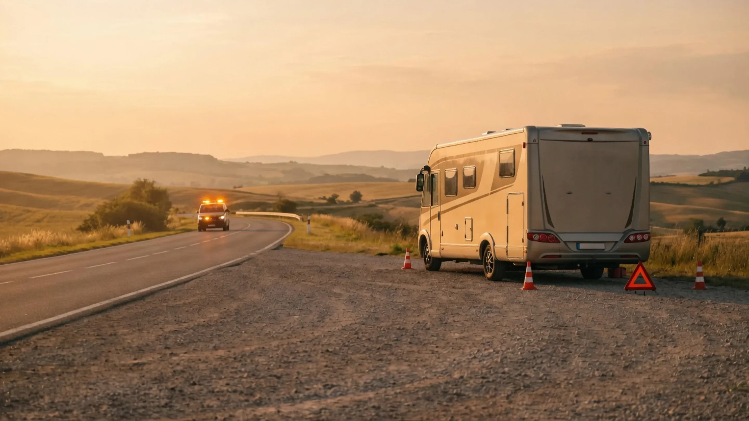 A motorhome stopped on a gravel shoulder behind a warning triangle, a service vehicle approaching along an empty two-lane road at sunset