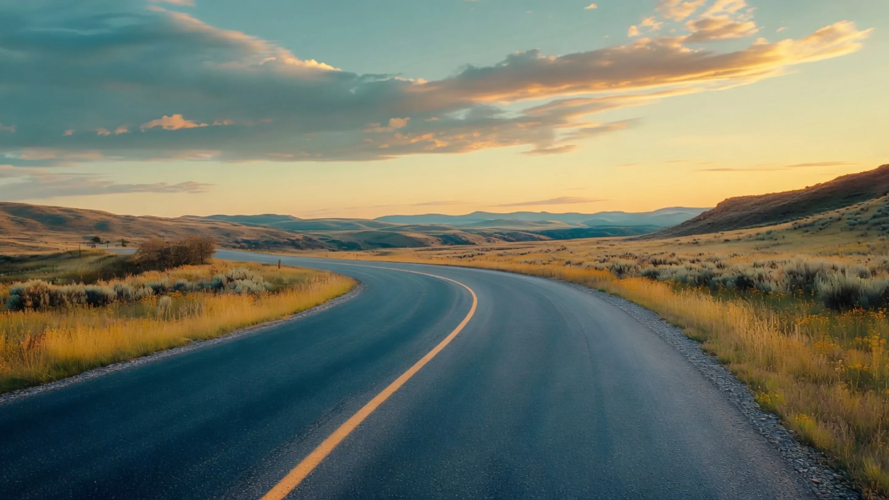 Empty two-lane highway curving through golden prairie hills at sunset