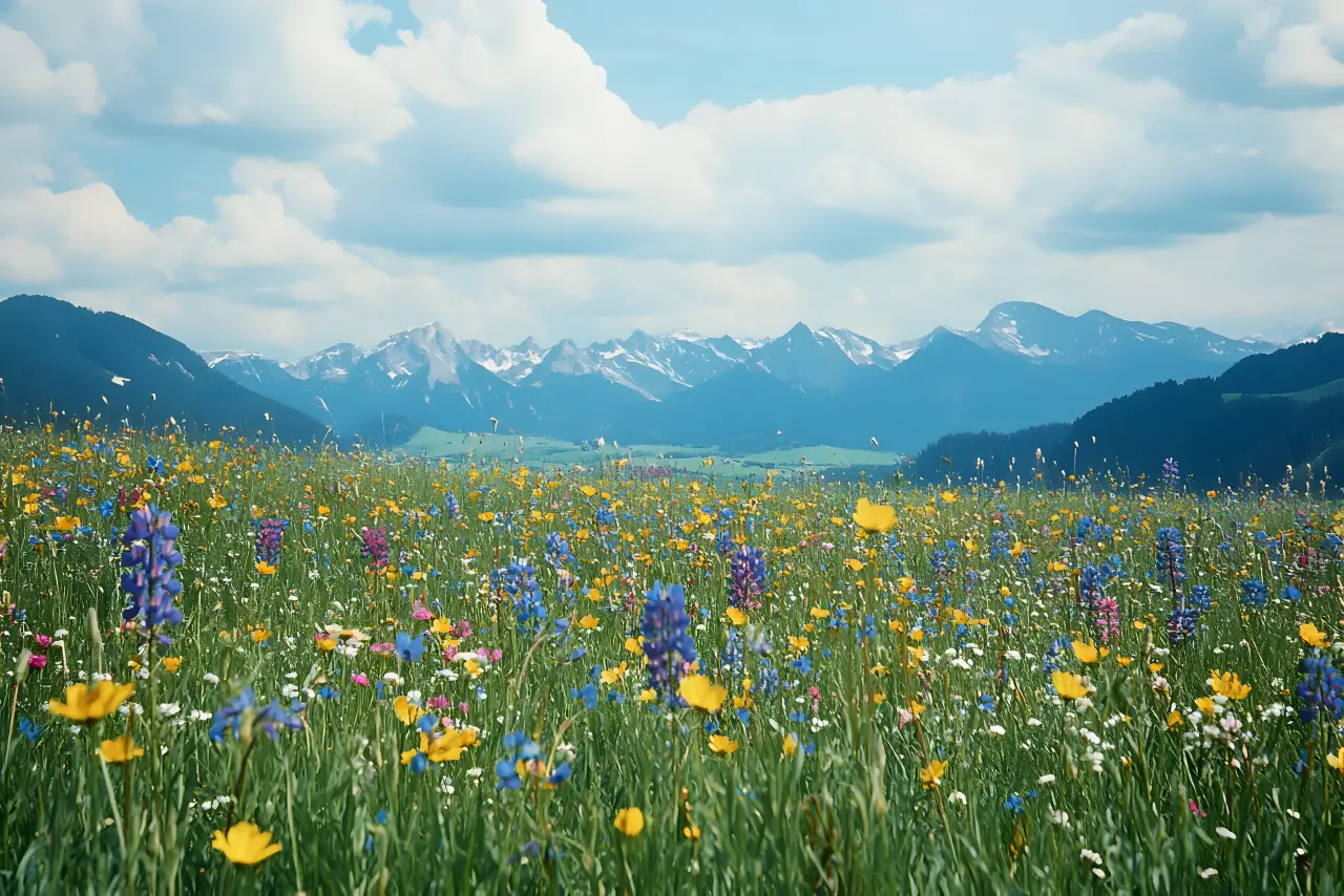 Poppies and lupine running toward snow-capped mountains — PickRV editorial