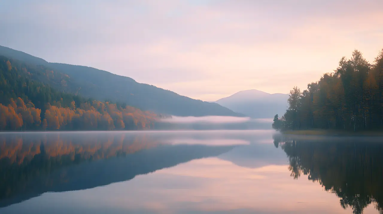 Still lake doubling an autumn shoreline — PickRV editorial
