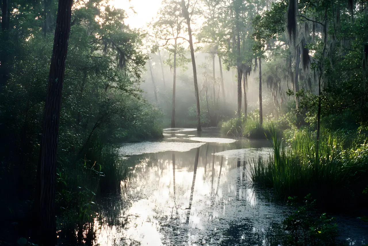 Bayou channel framed by overhanging lit canopy — PickRV editorial