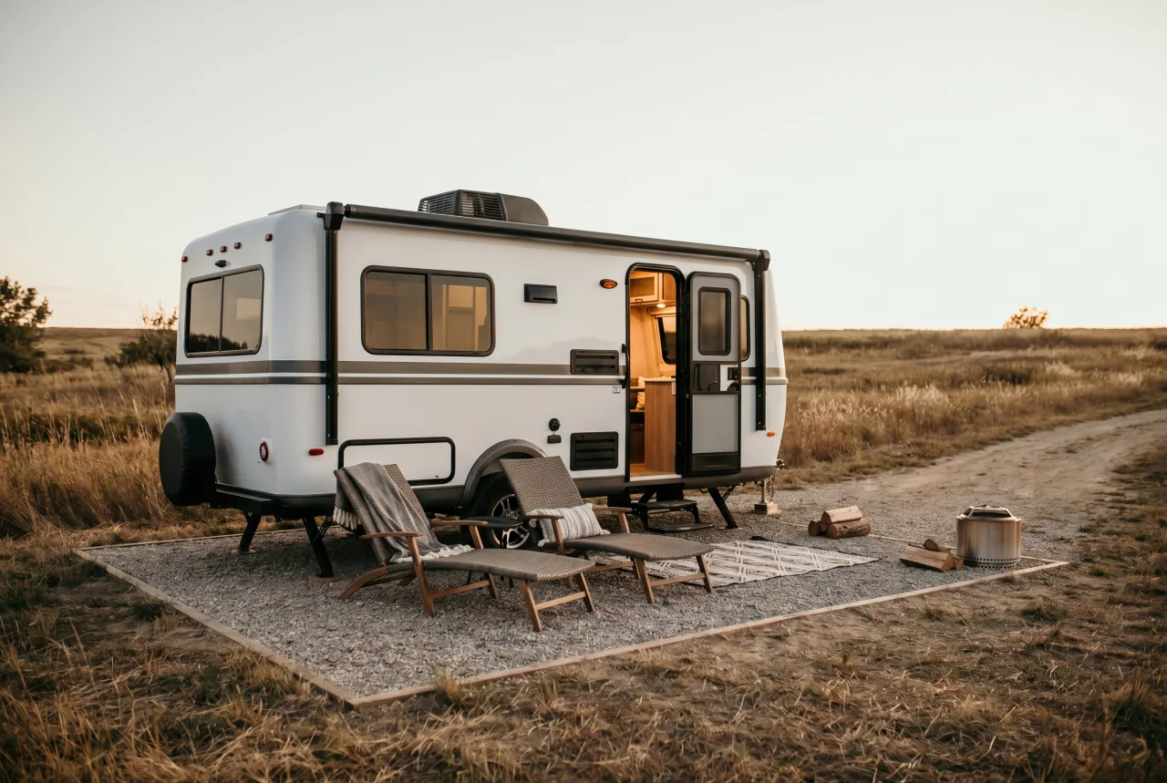 An RV set up on a gravel pad at the edge of a prairie track, chairs out, late light across the grass