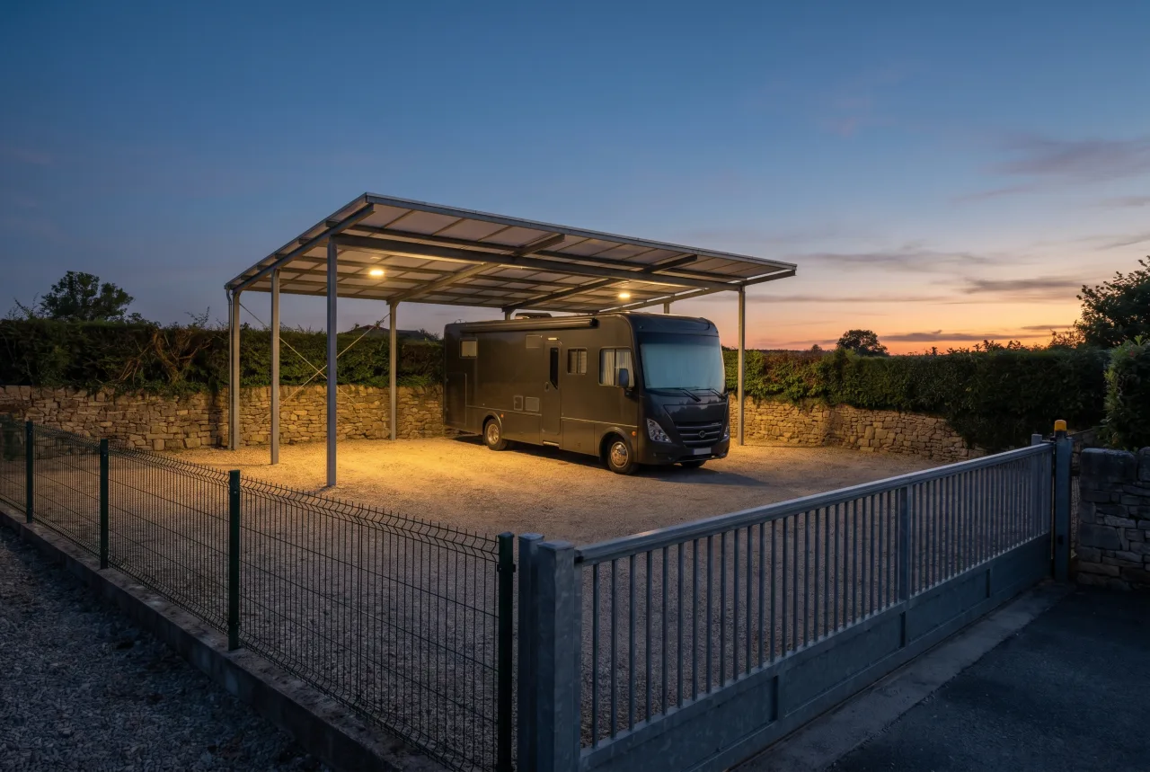 RV parked secure and covered at its host's home base