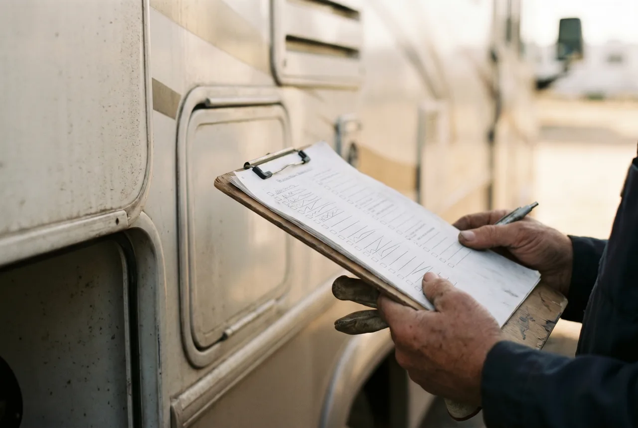 Host inspecting an RV with a condition checklist before a PickRV trip begins