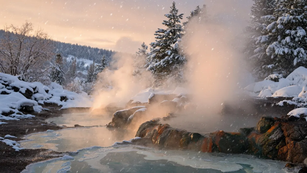 Steam rising off a hot spring in falling snow