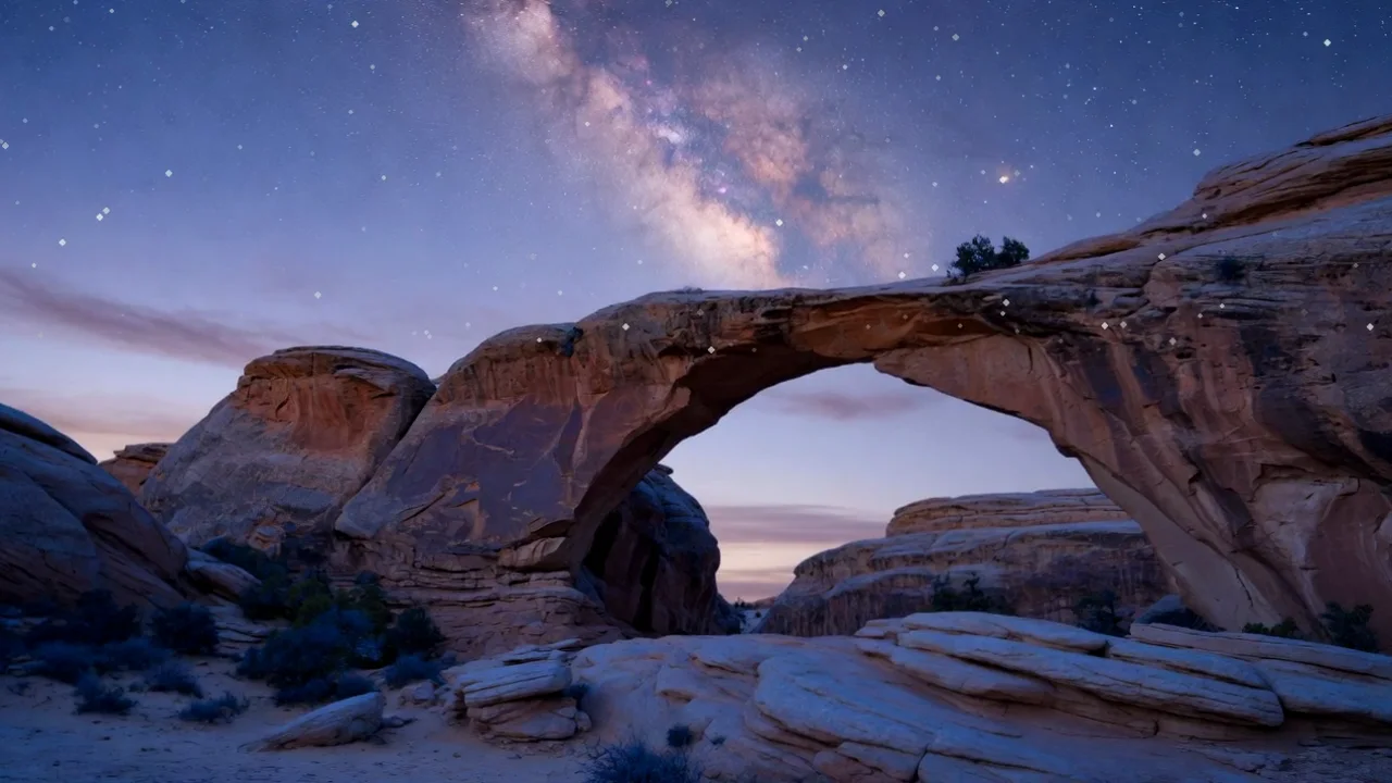 The Milky Way over a sandstone arch in the desert after dark