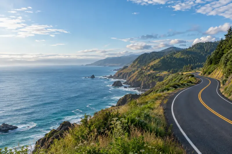 A curving coastal road along the shoreline