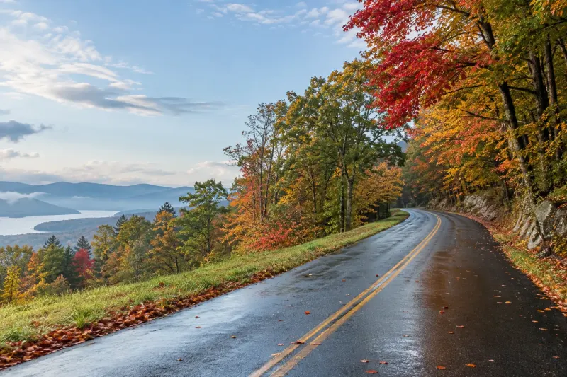 An autumn woodland road lined with fall foliage