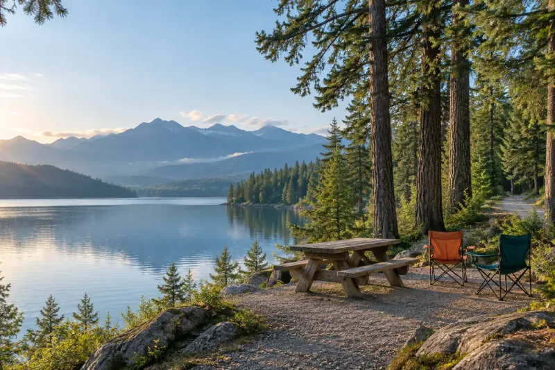 A quiet lakeside campsite along the road