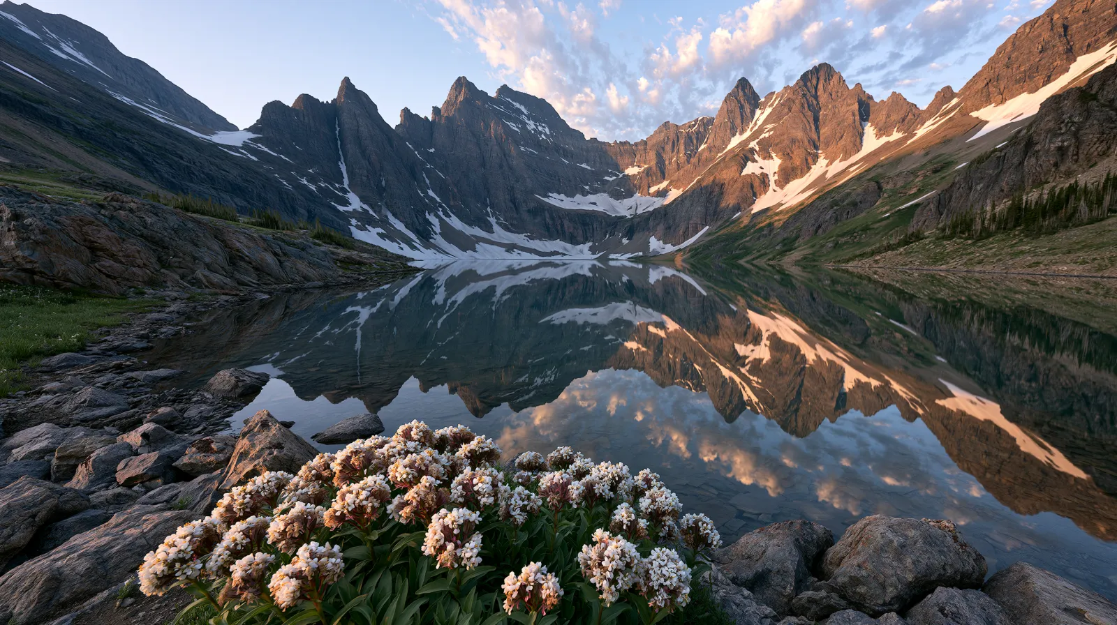 Peaks above a lake in the Many Glacier area of Glacier National Park, Montana