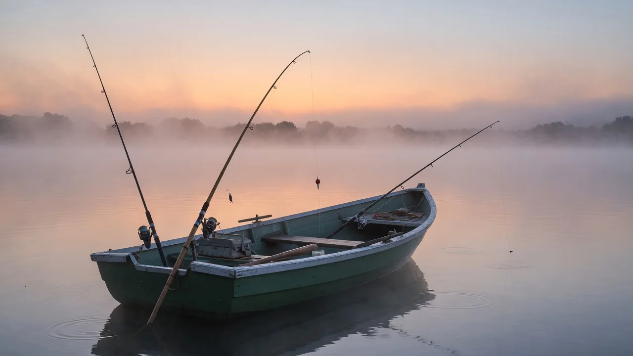 Small fishing boat with rods silhouetted on still water at dusk