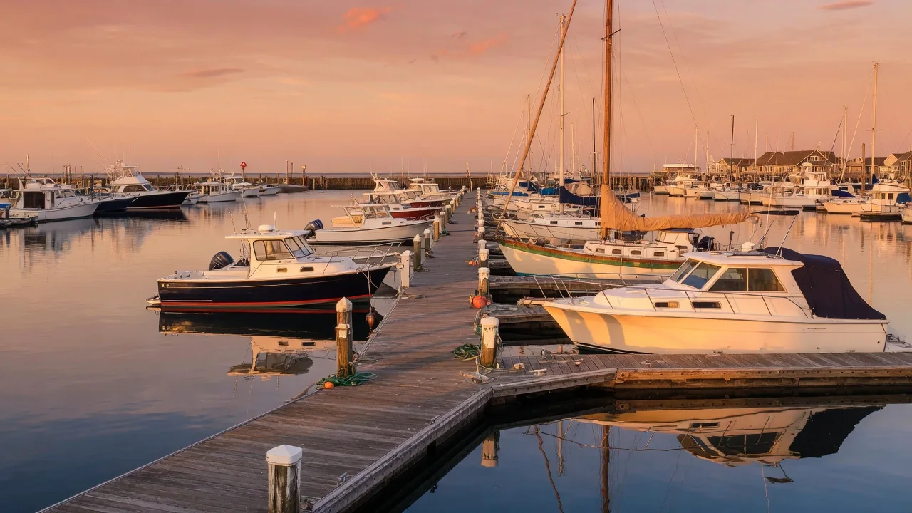 Boats tied up along a marina dock in golden evening light