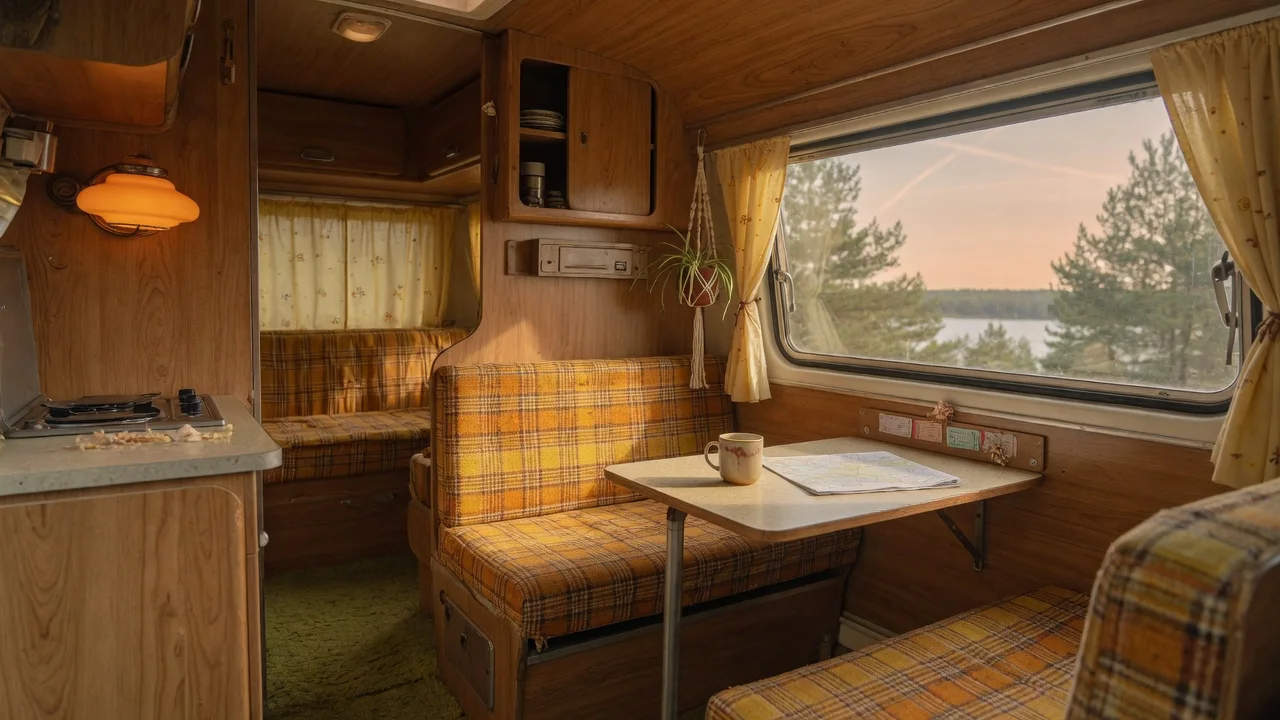 Warm wood-paneled vintage camper interior lit by window light