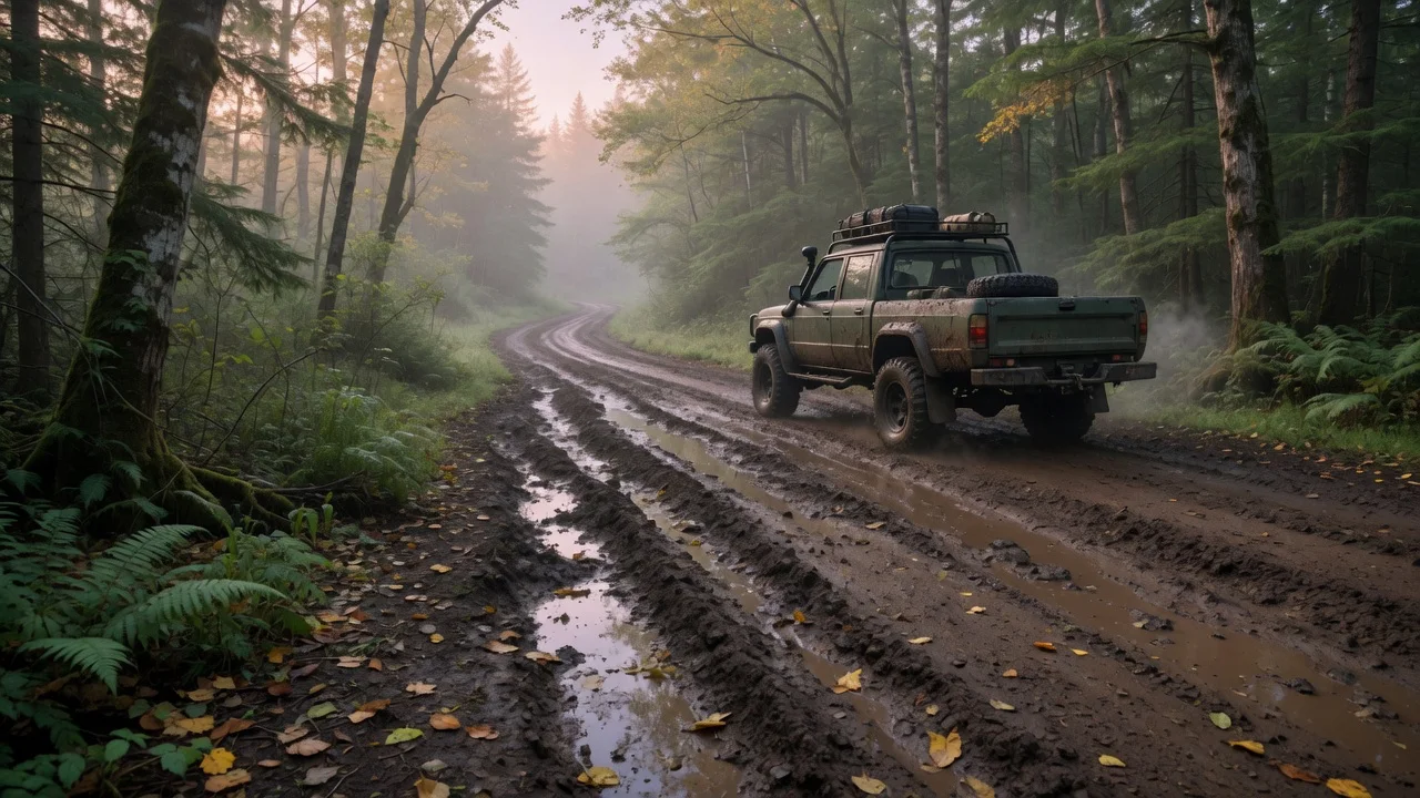 4x4 climbing a muddy forest track in low fog