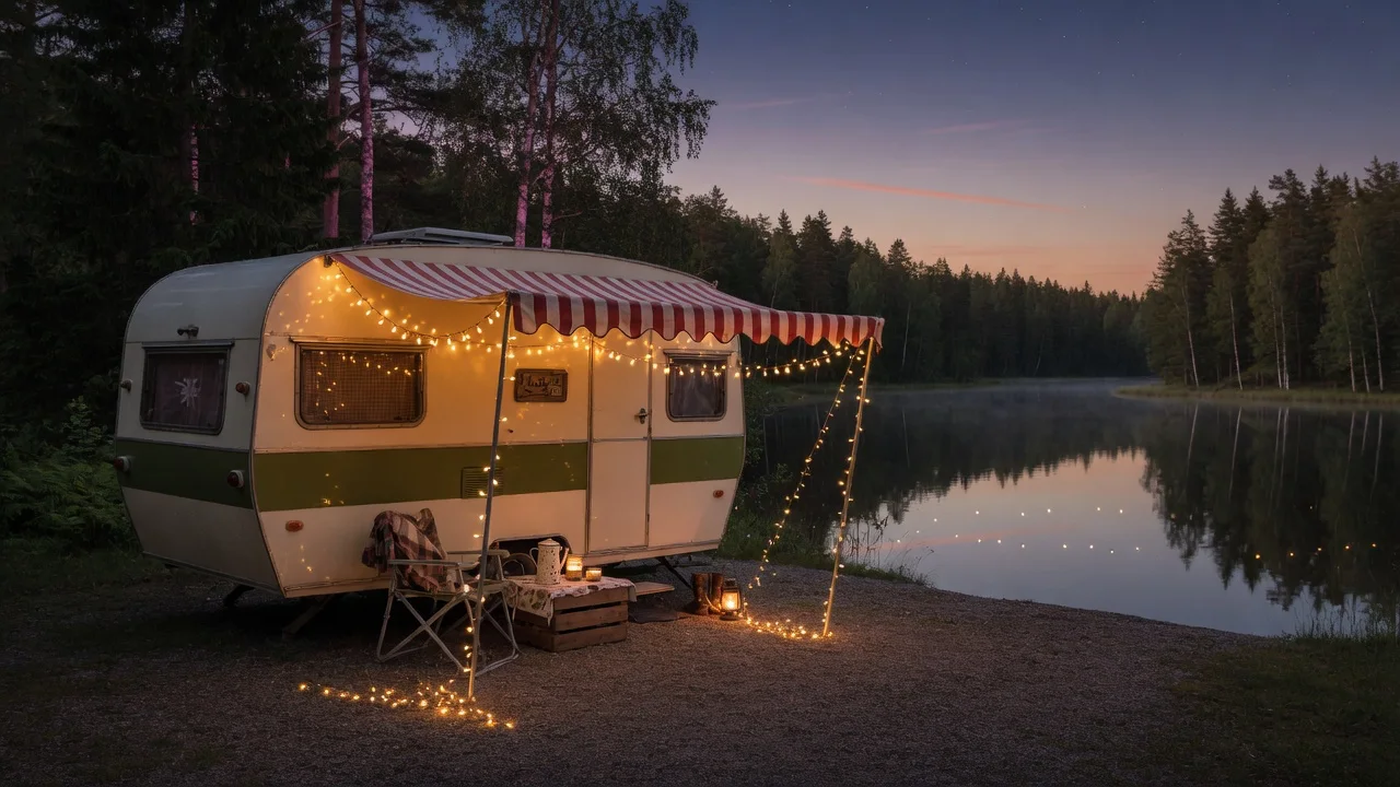 Trailer with its awning lit at dusk beside a forest lake
