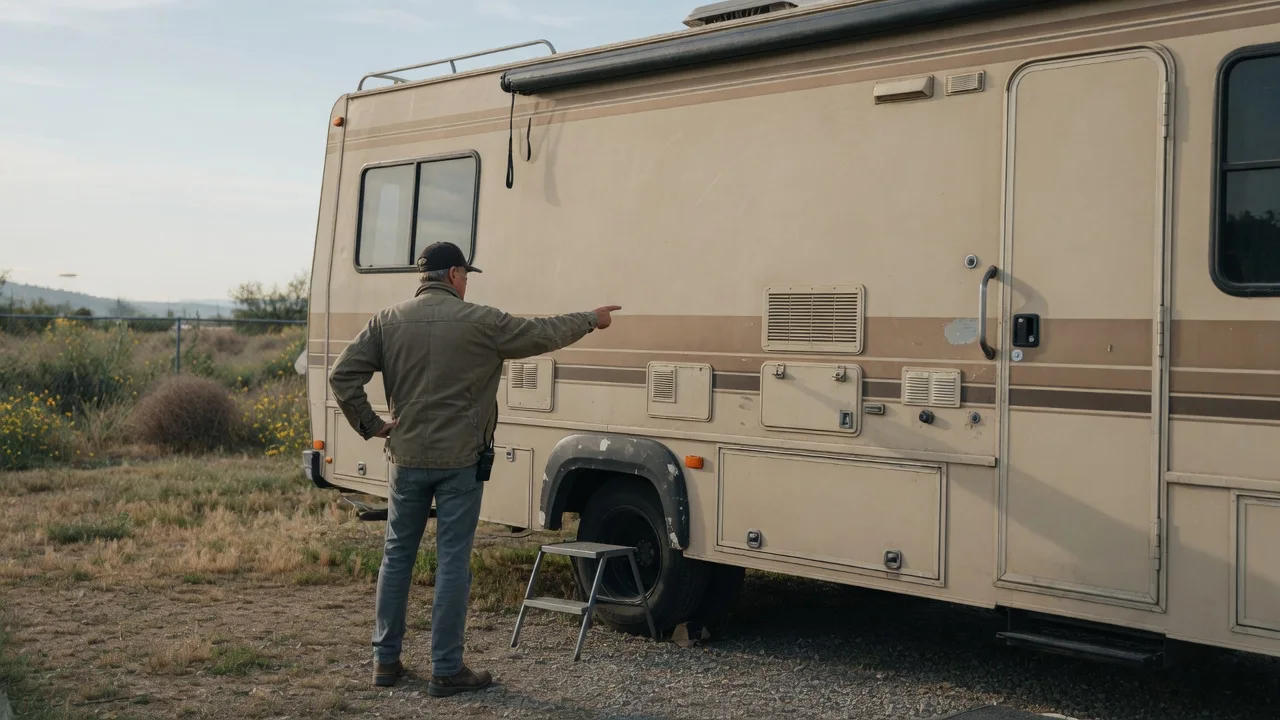 An owner in a work jacket walking the side of his own motorhome, checking the panels before a trip