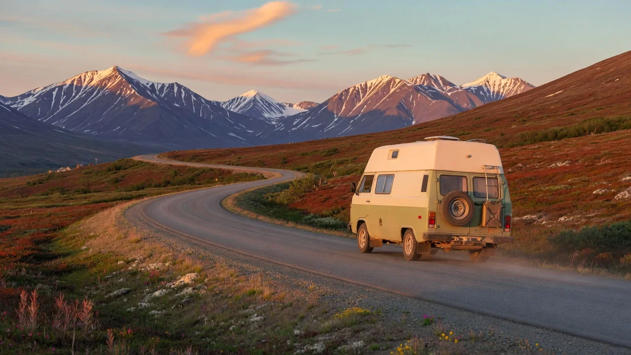RV on the open road in Alaska