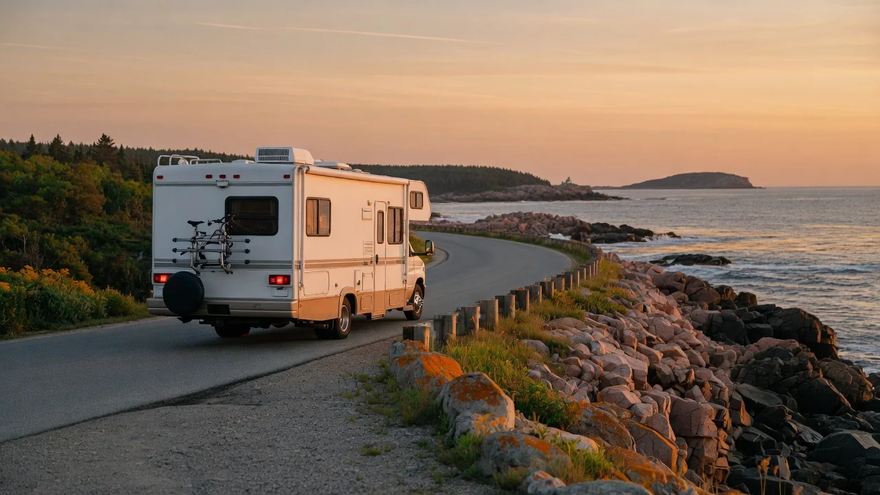 RV on the open road in Maine
