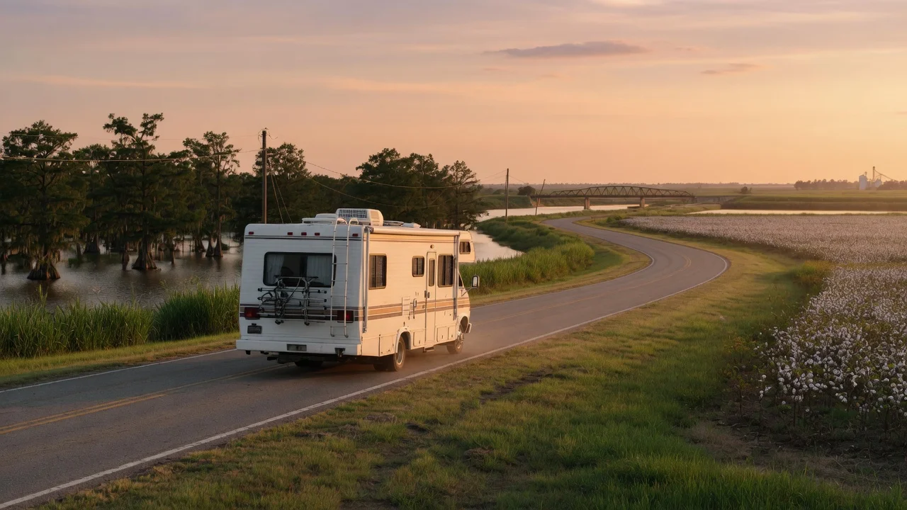 RV on the open road in Mississippi