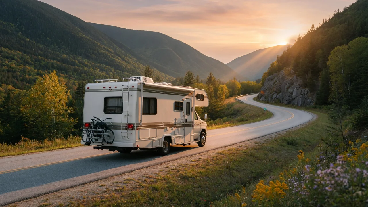 RV on the open road in New Hampshire