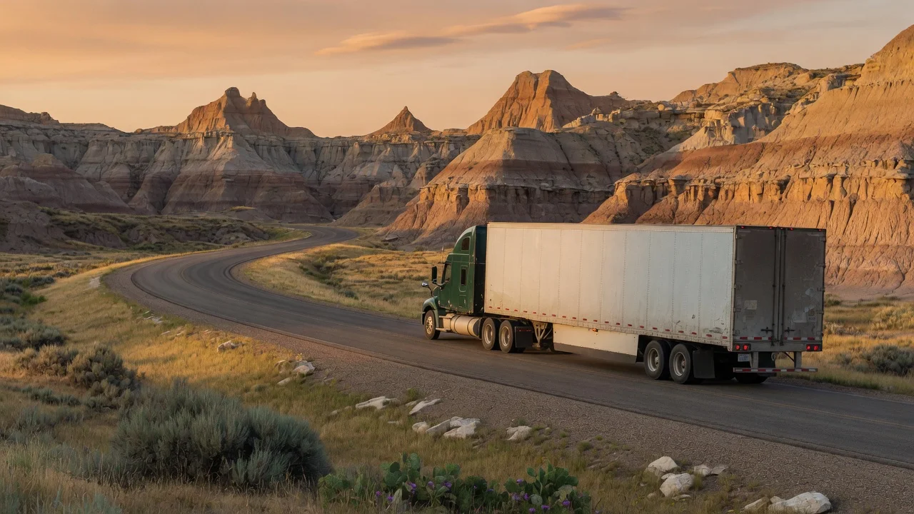 RV on the open road in North Dakota