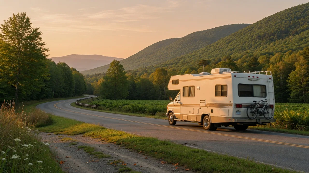 RV on the open road in Vermont