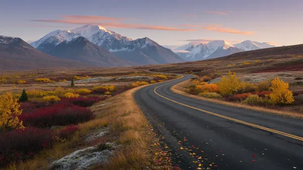 Lone road crossing open tundra toward distant peaks, Alaska