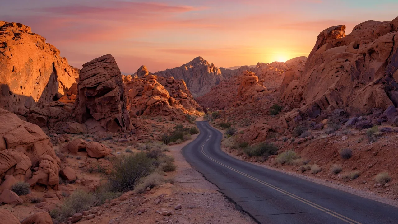 Valley of Fire red sandstone road at dusk, Nevada