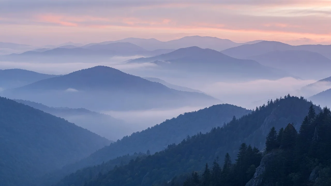 Layered ridgelines fading into haze in the Smokies, Tennessee